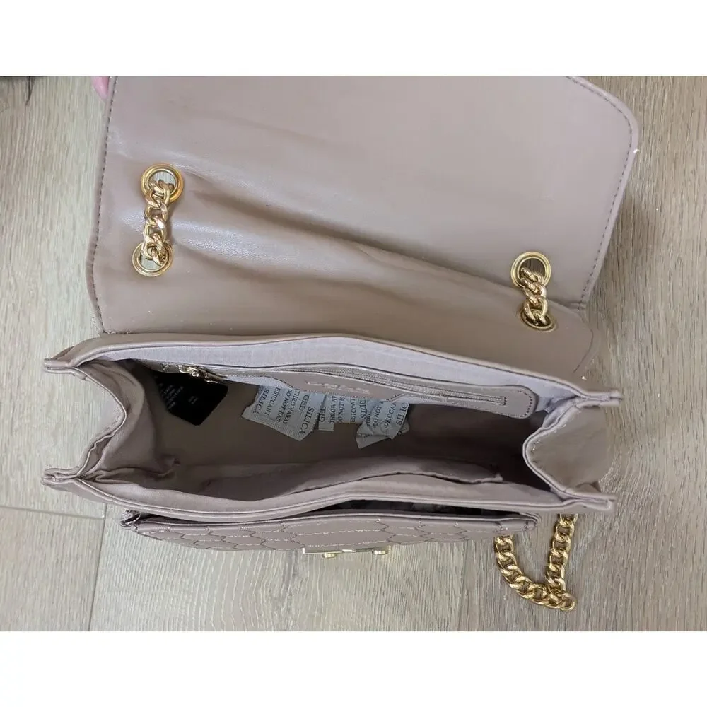 Bebe Shoulder Crossbody Bag Stone Tan Quilted Faux Leather Gold Chain Strap NEW